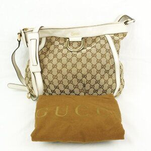Vintage Gucci GG Supreme Abbey Shoulder Bag In Beige & White w/ Silver Hardware